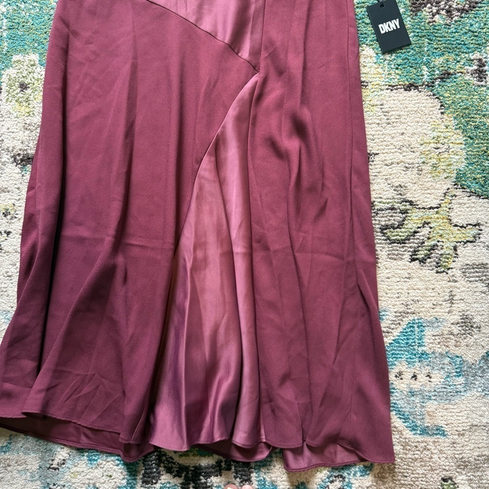 DKNY Cabernet Satin Midi Skirt NWT | Size 10 | Burgundy Asymmetrical Flowy Skirt - Picture 7 of 11